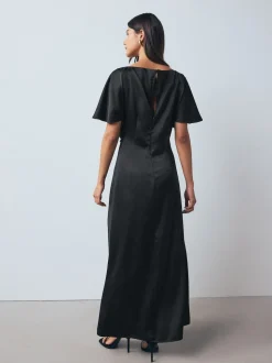 Noir - Robe mi-longue texturée en Satin à Manches courtes torsadée sur le devant