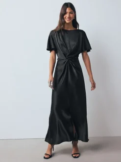 Noir - Robe mi-longue texturée en Satin à Manches courtes torsadée sur le devant