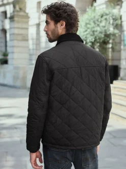 Noir - Résistant à la douche Diamond Quilt Corduroy Col Veste