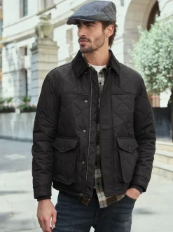 Noir - Résistant à la douche Diamond Quilt Corduroy Col Veste