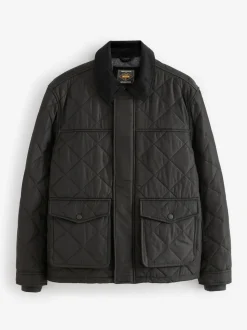 Noir - Résistant à la douche Diamond Quilt Corduroy Col Veste