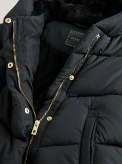 Noir - Résistant à la douche Faux Fur Lined À capuche Doudounes (3-16yrs)