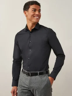 Noir - Slim Fit (Slim Fit) - Chemises intelligentes faciles d’entretien à poignets simples