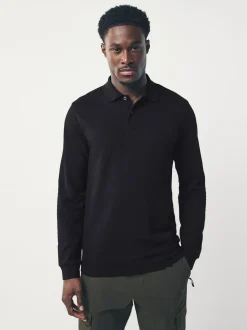 Noir - Slim Fit (Slim Fit) - Polo à manches longues en piqué