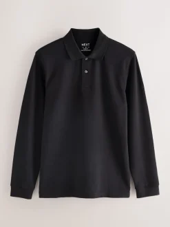 Noir - Slim Fit (Slim Fit) - Polo à manches longues en piqué