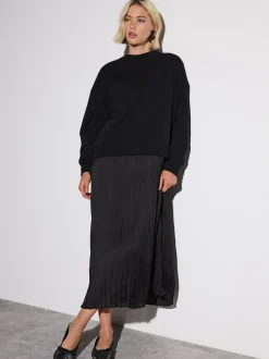 Noir - Sweat-shirt 2en1 avec jupe mi-longue en satin