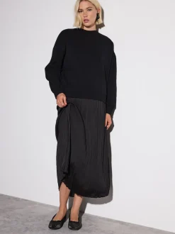 Noir - Sweat-shirt 2en1 avec jupe mi-longue en satin