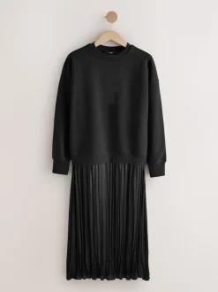 Noir - Sweat-shirt 2en1 avec jupe mi-longue en satin