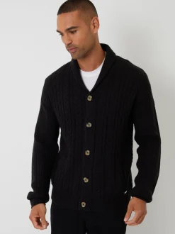 Noir - Threadbare Cable Knit Shawl Collar Cardigan With Wool