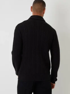 Noir - Threadbare Cable Knit Shawl Collar Cardigan With Wool