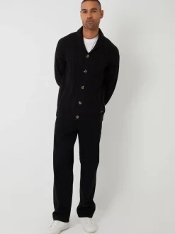 Noir - Threadbare Cable Knit Shawl Collar Cardigan With Wool