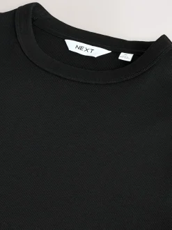 Noir - T-shirt ras du cou côtelé à manches courtes