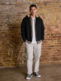 Noir - Veste à capuche en toile doublée de borg