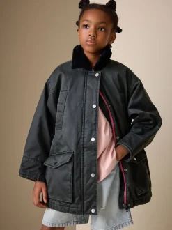 Noir - Veste cirée en fausse (5-14ans)