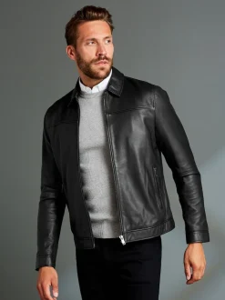 Noir - Veste en cuir signature à col