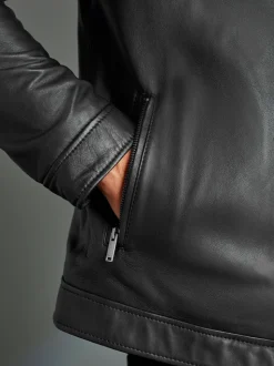 Noir - Veste en cuir signature à col