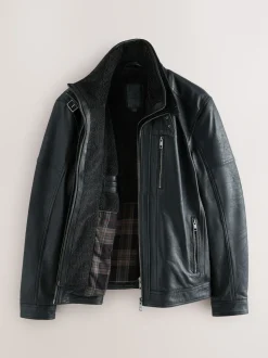 Noir - Veste en cuir Signatures à quatre poches doublée Borg