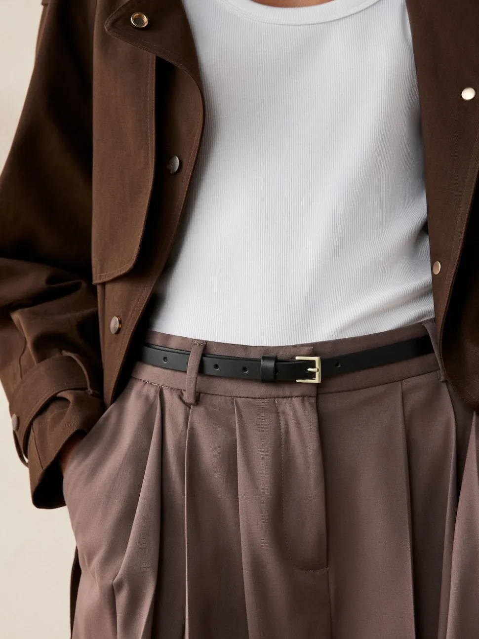 Noir avec Or - Ceinture fine en cuir
