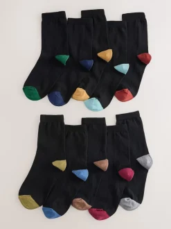 Noir avec talon et orteil contrastés - Paquet de chaussettes en coton riche 10