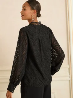 Noir en tissu dévoré - Chemisier Love & Roses zippé à manches longues sur le devant