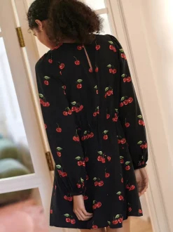 Noir imprimé cerises - Mini robe à manches longues avec coutures