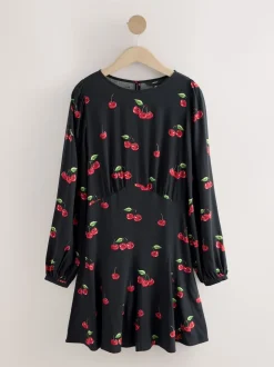 Noir imprimé cerises - Mini robe à manches longues avec coutures
