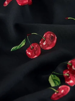 Noir imprimé cerises - Mini robe à manches longues avec coutures