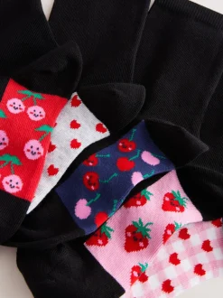 Noir motif fruit - Paquet de 5 chaussettes d'école à cheville en coton riche semelle intérieure