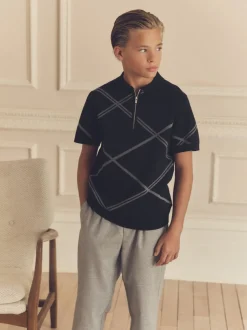 Noir motif losanges - Polos tricotés à col zippé (3-16yrs)