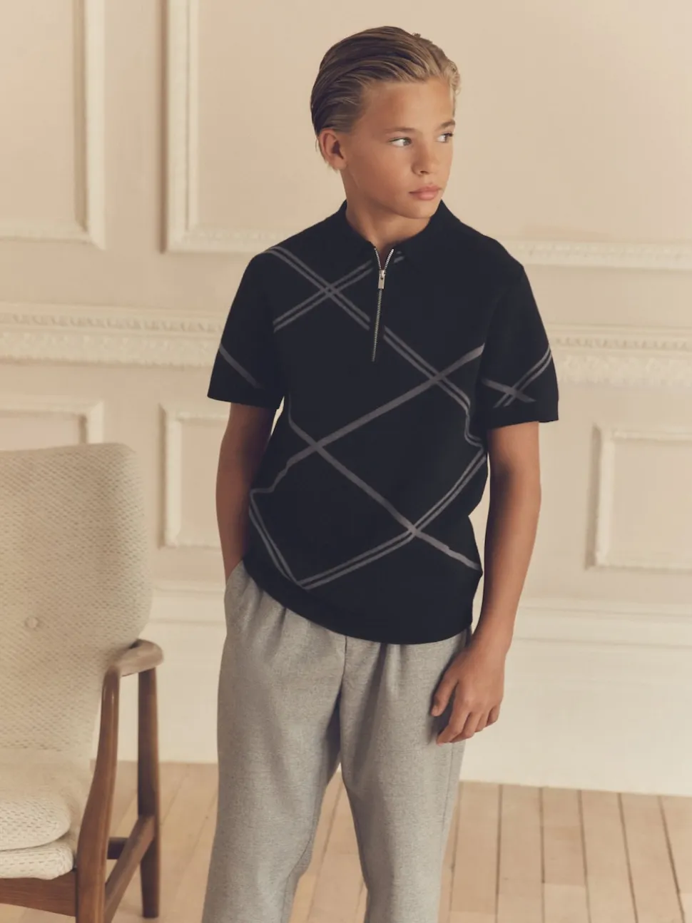 Noir motif losanges - Polos tricotés à col zippé (3-16yrs)