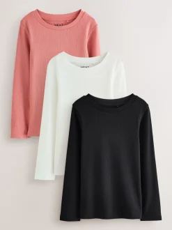 Noir/ rose/ blanc - Lot de 3 Hauts à manches longues côtelés (3-16ans)