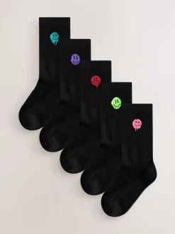 Noir Smiley - Lot de 5 paires de chaussettes côtelées Sport