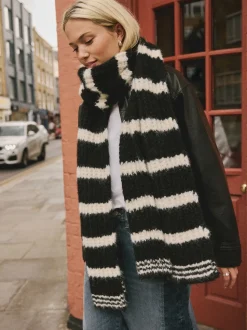 Noir/Blanc - Écharpe rayée en maille de laine Blend