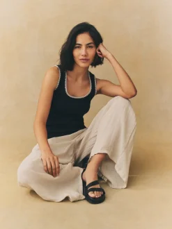 Noir/Blanc - Débardeur sans manches à bordure en maille contrastante et col dégagé