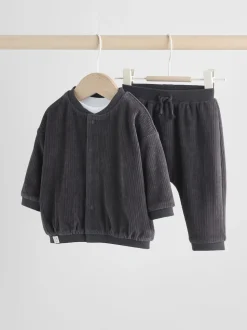 Noir/Blanc - Ensemble veste, haut et jogging en velours bébé (0mois-2ans)