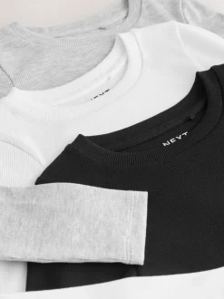 Noir/Blanc - Lot de 3 Hauts à manches longues côtelés (3-16ans)