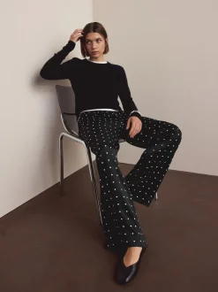 Noir/Blanc à pois - Pantalons en satin à jambe large et taille ceinturée