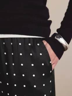 Noir/Blanc à pois - Pantalons en satin à jambe large et taille ceinturée