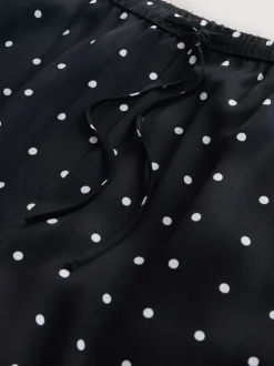 Noir/Blanc à pois - Pantalons en satin à jambe large et taille ceinturée