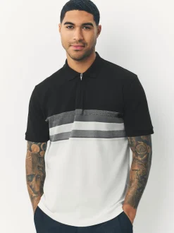 Noir/Blanc - Polo 100% coton à manches courtes et col zippé