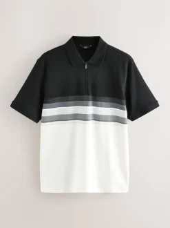 Noir/Blanc - Polo 100% coton à manches courtes et col zippé