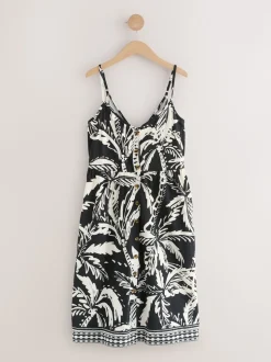 Noir/blanc imprimé palmiers - Robe mi-longue boutonnée en jersey