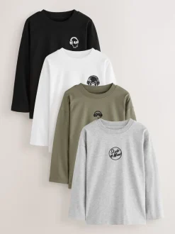 Noir/Blanc/Gris Marl/Kaki - Lot de 4 petits t-shirts graphiques à manches longues (3-16ans)
