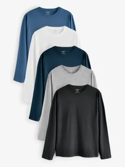 Noir/Blanc/Gris/Bleu - Slim Fit (Slim Fit) - T-shirt à coupe classique à manches longues en coton 100 %, lot de 5