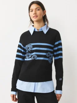 Noir/Bleu à Rayure Fleurie - Pull col rond riche en coton au toucher doux