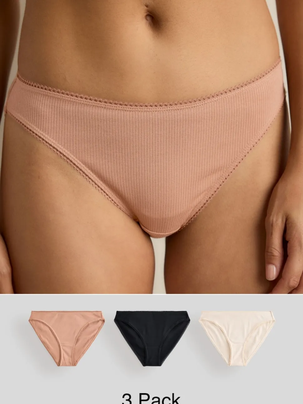 Noir/caramel nude/praline nude - 3 Slips Lot en coton côtelé