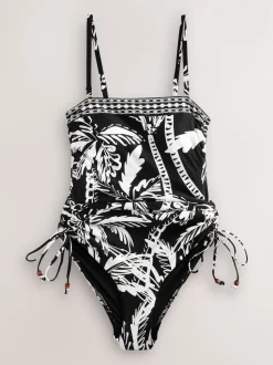 Noir/Crème Palmier - Maillot de bain Bandeau gainant à jambes froncées
