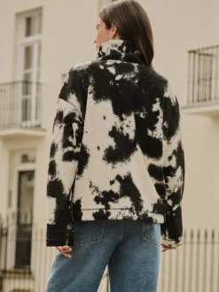 Noir/écru imprimé vache - Polaire douce en polaire en peau de mouton à col zippé
