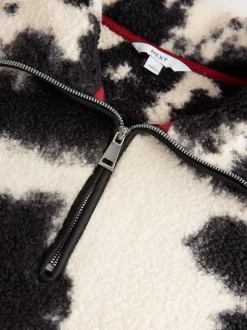 Noir/écru imprimé vache - Polaire douce en polaire en peau de mouton à col zippé
