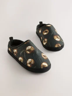 Noir/doré motif football - Mules chaussons doublées chaudes
